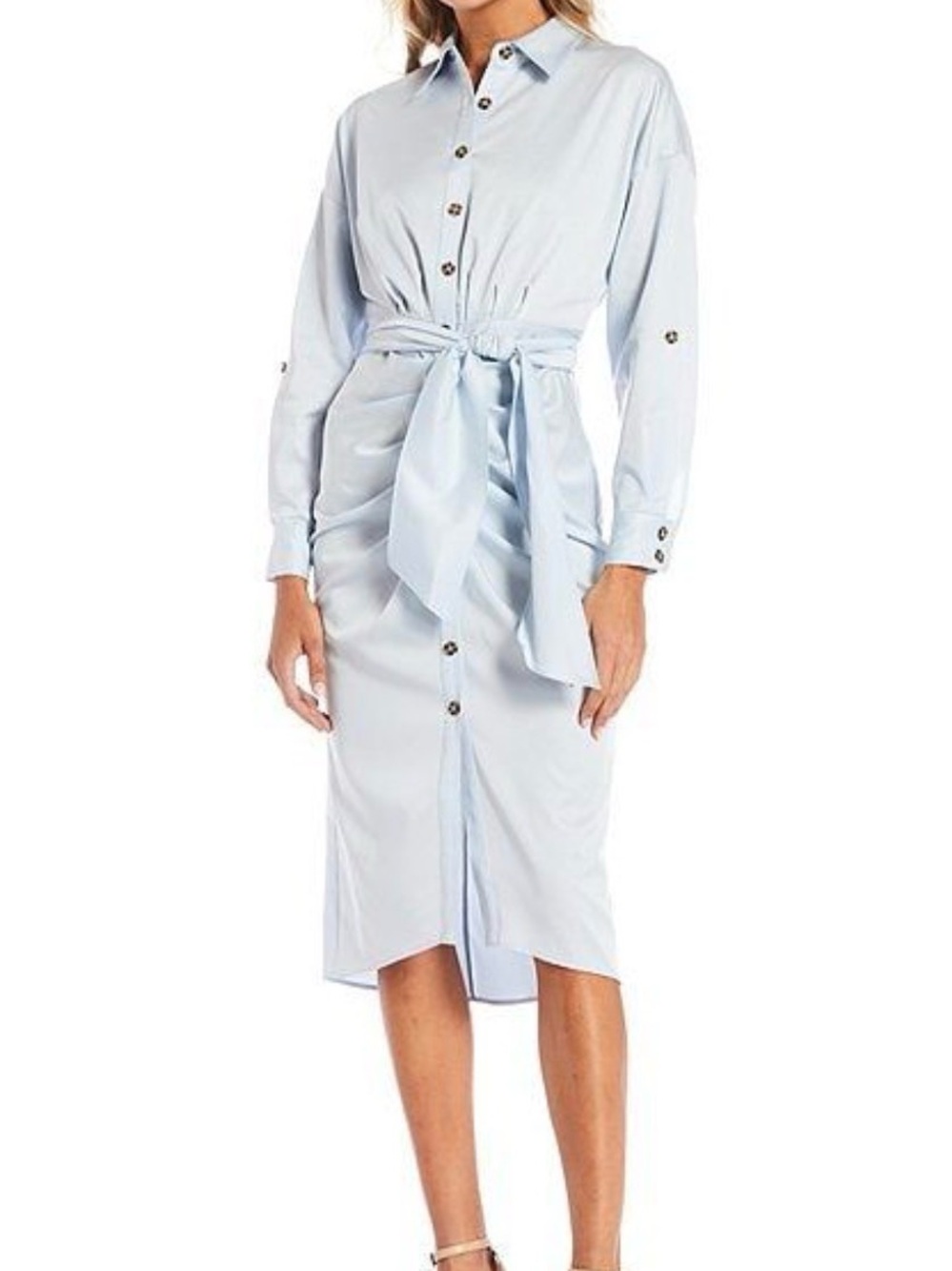 Antonio Melani Light Blue Ruched Waist Shirt Dress With Tie - Picture 1 of 11